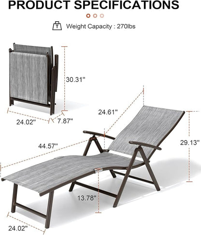 Crestlive Products Chaise Lounge Chair Outdoor Set of 2, Aluminum Folding Patio Recliner Chair, Adjustable 8 Positions Assemble-Free Perfect for Beach, Yard, Pool, Deck