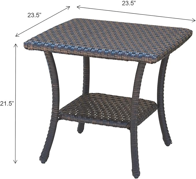 Rilyson Patio Tables Outdoor Coffee Table - Wicker Rattan Side Tables with 2-Tier Storage Shelf End Table for Porch Deck Balcony Garden Outside Square Brown
