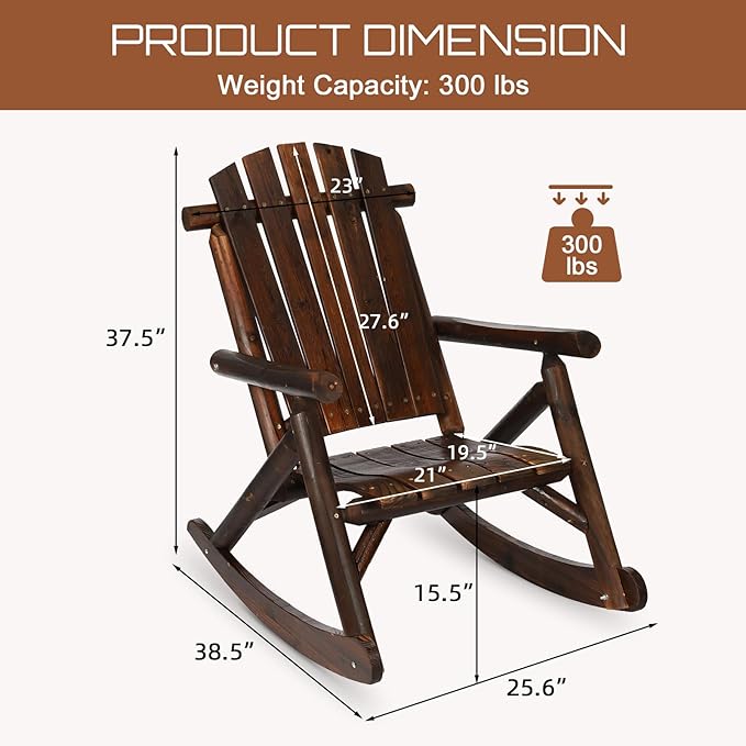 HOMEDIARY Wooden Adirondack Rocking Chair, Patio Log Rocker Outdoor Lounge Chair with Slatted Wooden Design, High Fanned Back & Classic Rustic Style for Garden Patio Backyard Porch, Carbonized
