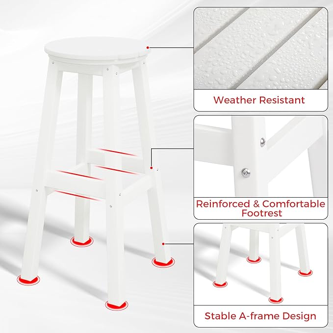 Costaelm 29" Height Outdoor Bar Stools, All-Weather Bar Stools, Adirondack Poly Patio Round Bar Stool for Patio, Deck, Kitchen Counter and Garden, White