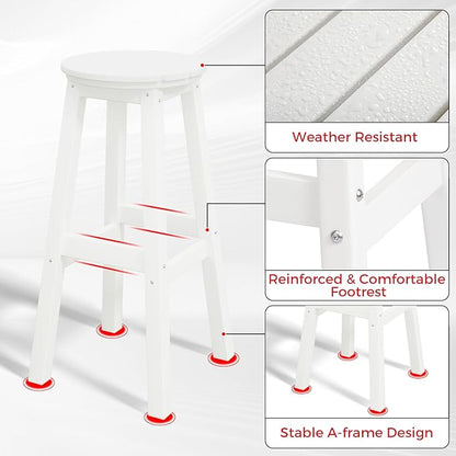 Costaelm 29" Height Outdoor Bar Stools, All-Weather Bar Stools, Adirondack Poly Patio Round Bar Stool for Patio, Deck, Kitchen Counter and Garden, White