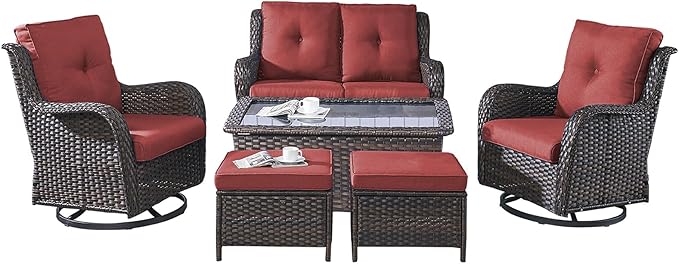 Rilyson Wicker Patio Furniture Set - 6 Piece Rattan Outdoor Sectional Conversation Sets with 2 Swivel Rocking Chairs - Photo 1