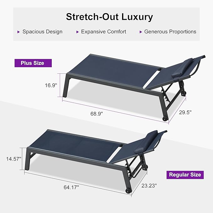 PURPLE LEAF Outdoor Oversized Lounge Chair Set of 3 Patio Chaise Pool Lounger Aluminum Frame with Side Table and Wheels for Outside Sunbathing Tanning Recliner Including Pillows Navy Blue