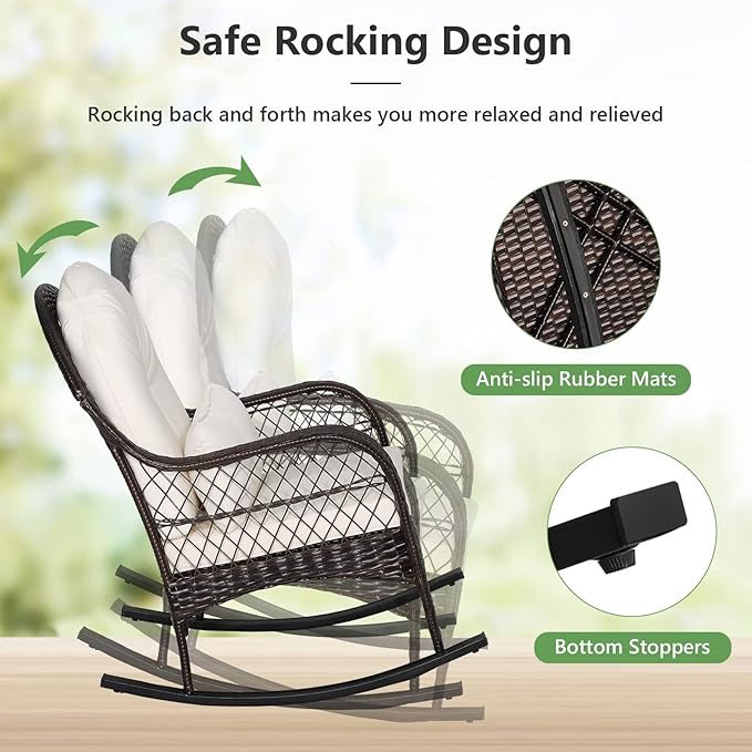 ORALNER Patio Wicker Rocking Chair, Outdoor PE Rattan Rocker with Seat and Back Cushion, Waist Pillow, Armrests, Garden Chair for Porch, Backyard, Poolside, Deck (1, Off White)