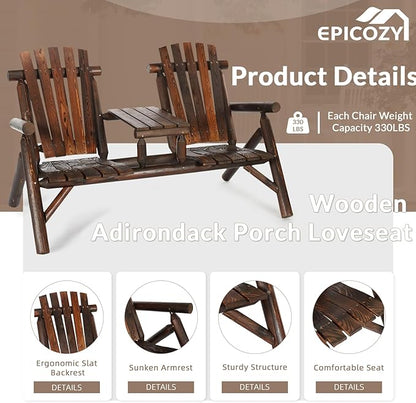 5-Piece Outdoor Wood Log Rocking Conversation Set, Patio Adirondack Furniture Set Including 2-Seater Loveseat, Garden Bench & Built-in Table, 2 Coffee Table, Log Rocker Chair, Carbonized