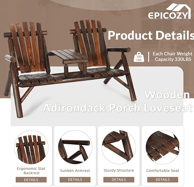 6-Piece Outdoor Wood Log Rocking Conversation Set, Patio Adirondack Furniture Set Including 2-Seater Loveseat, 2 Coffee Table, 2 Log Rocker Chair, Garden Bench & Built-in Table, Carbonized