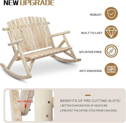 Outvita 2-Person Wood Rocking Chair, Fir Log Adirondack Rocker, Outdoor Wood Accent Furniture Lounge Chairs with Wide Curved Seats for Garden Patio Backyard Porch (Natural Finish)
