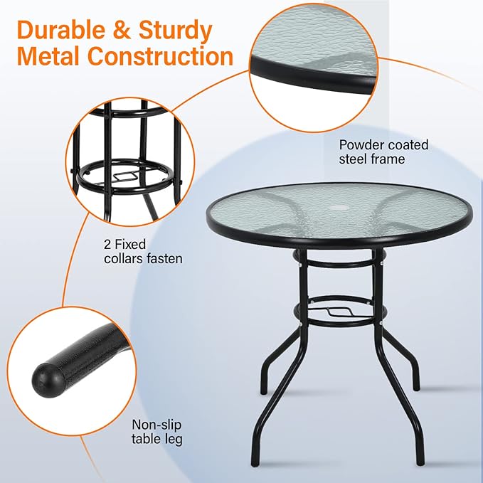 Outdoor Table Patio Table Dining Table with Tempered Glass Umbrella Hole for Lawn Balcony, Yard (Round) - Photo 4