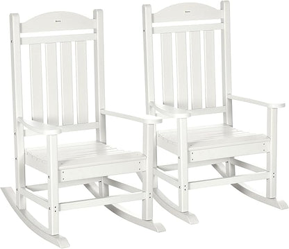Outsunny 2 Pieces Outdoor Rocking Chair, All Weather-Resistant HDPE Rocking Patio Chairs with Rustic High Back, Armrests, Oversized Seat and Slatted Backrest, 350lbs Weight Capacity, White