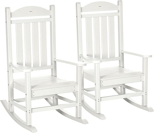 Outsunny 2 Pieces Outdoor Rocking Chair, All Weather-Resistant HDPE Rocking Patio Chairs with Rustic High Back, Armrests, Oversized Seat and Slatted Backrest, 350lbs Weight Capacity, White