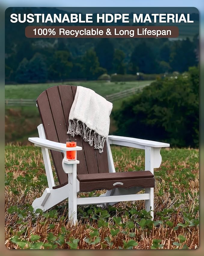 Folding Adirondack Chair –Recyclable HDPE Outdoor Adirondack Patio Chair with Cup Holder, Wood Texture & Umbrella Hole - Photo 3