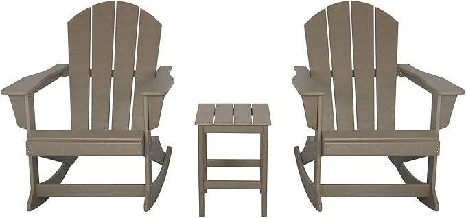 WO WESTIN OUTDOOR HDPE Laguna Outdoor Rocking Poly Adirondack Chair with Side Table 3-Piece Set, Weathered Wood