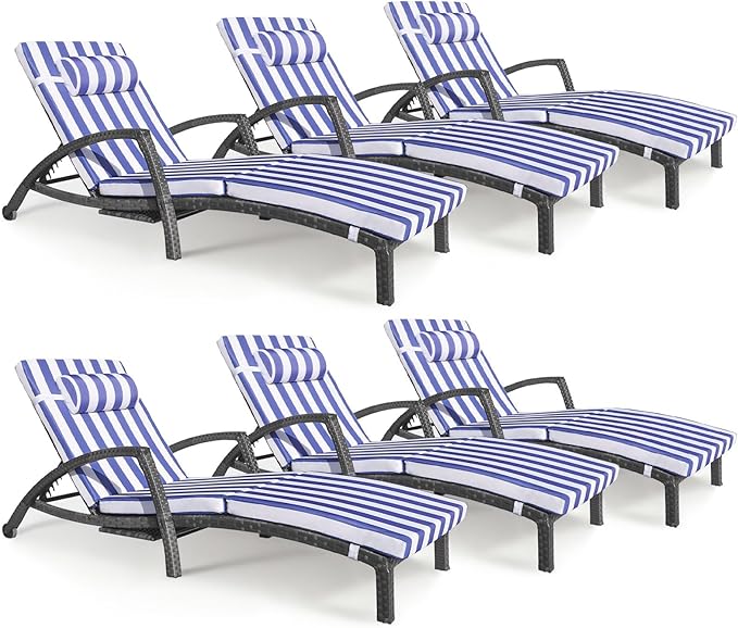 Chaise Lounge Chairs Outdoor Set of 6, Comfy Outside Wicker Patio Pool Lounge Chair w/ 5 Adjustable Back Angle, Cup Holder, Thicken Cushion