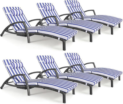 Chaise Lounge Chairs Outdoor Set of 6, Comfy Outside Wicker Patio Pool Lounge Chair w/ 5 Adjustable Back Angle, Cup Holder, Thicken Cushion