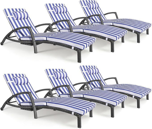 Chaise Lounge Chairs Outdoor Set of 6, Comfy Outside Wicker Patio Pool Lounge Chair w/ 5 Adjustable Back Angle, Cup Holder, Thicken Cushion