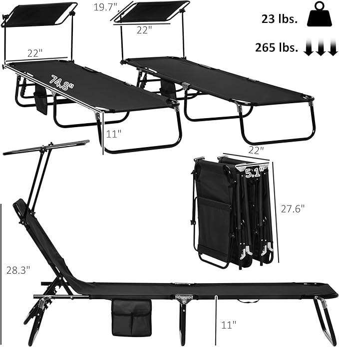 Outsunny Folding Chaise Lounge Pool Lounge Chairs Set of 2, Outdoor Sun Tanning Chairs with Canopy Shade, Reclining Back, Steel Frame and Side Pocket for Beach, Yard, Patio, Black