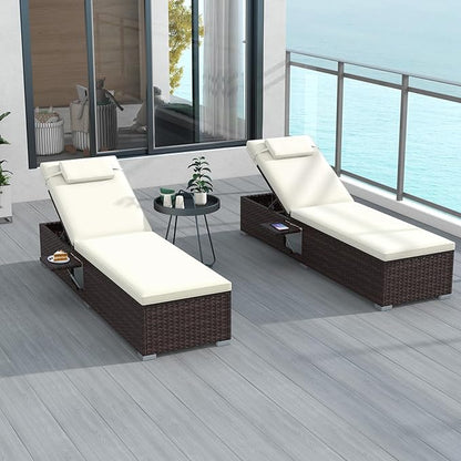 Tangkula Patio Chaise Lounge Set of 2, Outdoor Rattan Lounge Chair with 6-Level Backrest, Comfy Seat Cushion & Headrest, Sturdy Metal Frame, Outside Reclining Chair for Backyard (2, Off White)