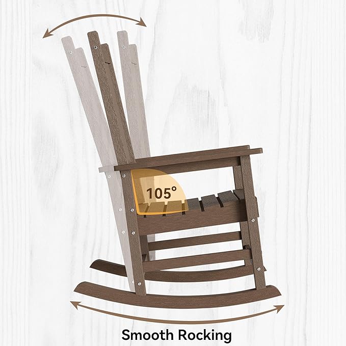 Outdoor Rocking Chair, HDPE Rocking Chairs with High Backs, Weather & Fade Resistant Porch Rockers for Patio, Deck & Porch - Brown
