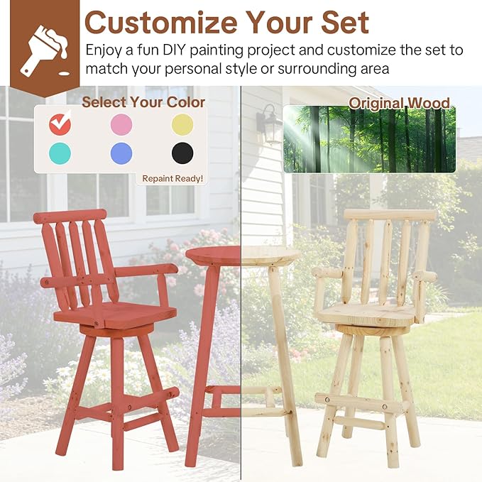 HOMEDIARY 3 Piece Outdoor Swivel Adirondack Bar Set, 41.9" Patio Log Bar Height Table & 2 Bar Stools with High Back - Photo 8