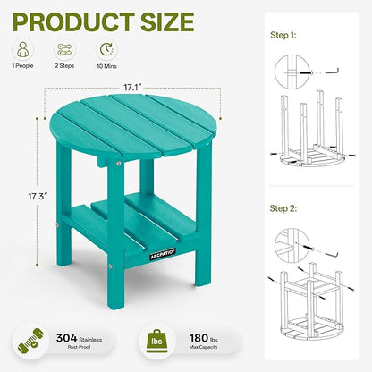 Outdoor Side Table Round - Patio Side Tables - HDPE Small Outdoor End Table for Backyard Pool Porch Balcony - Double Layer Storage - Turquoise (Wood Grain Finish)
