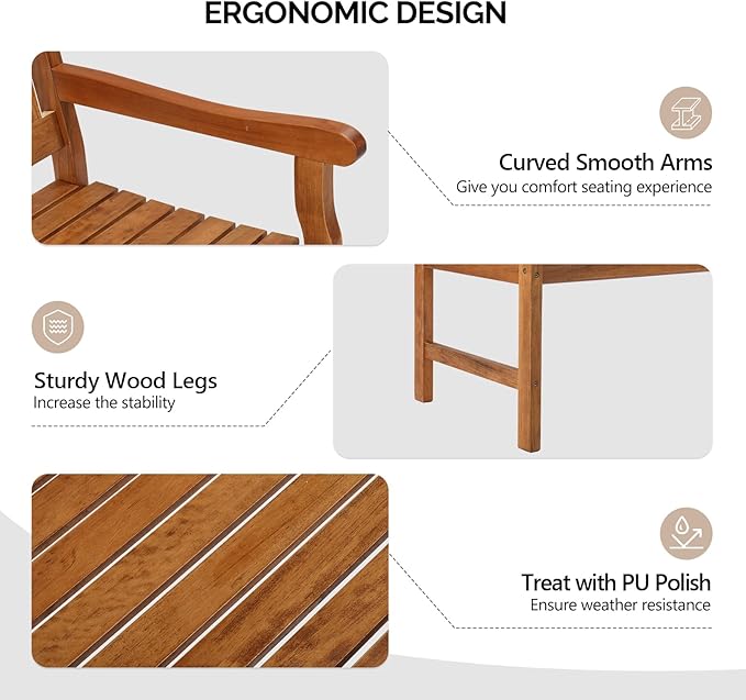 VINGLI 50" Outdoor Wood Bench, Weatehr Resistant Wooden Garden Patio Bench with Comfortable Backrest & Curved Armrest, 800lb Capacity Loveseat for Front Porch Park Yard Deck (Natural, Geometric)
