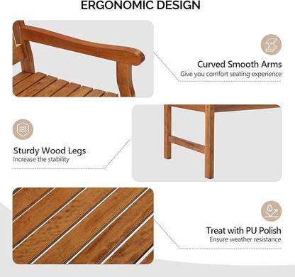 VINGLI 50" Outdoor Wood Bench, Weatehr Resistant Wooden Garden Patio Bench with Comfortable Backrest & Curved Armrest, 800lb Capacity Loveseat for Front Porch Park Yard Deck (Natural, Geometric)