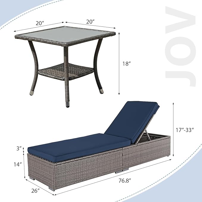 JOIVI Chaise Lounge Chairs Set of 2 w/Coffee Table, 5 Angle Backrest and Removable Cushions, PE Wicker Rattan Outdoor Lounge Chair Pool Lounger Patio Reclining Chair, 3-Piece Pool Furniture, Navy Blue