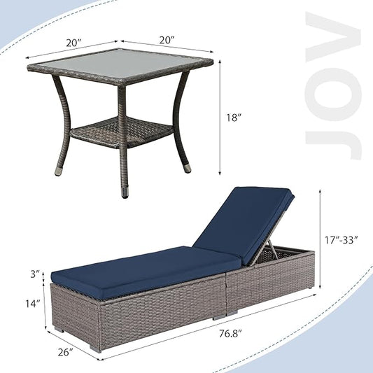 JOIVI Chaise Lounge Chairs Set of 2 w/Coffee Table, 5 Angle Backrest and Removable Cushions, PE Wicker Rattan Outdoor Lounge Chair Pool Lounger Patio Reclining Chair, 3-Piece Pool Furniture, Navy Blue