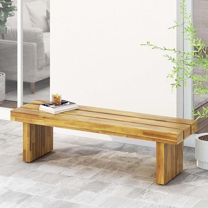 Outdoor Bench 57" Acacia Wood Garden Bench with Rustic Slat Design & Block Legs, Weather Resistant Patio Seating for Garden, Deck & Backyard, Easy Assembly Entryway Bench