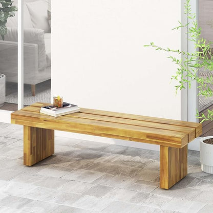 Outdoor Bench 57" Acacia Wood Garden Bench with Rustic Slat Design & Block Legs, Weather Resistant Patio Seating for Garden, Deck & Backyard, Easy Assembly Entryway Bench