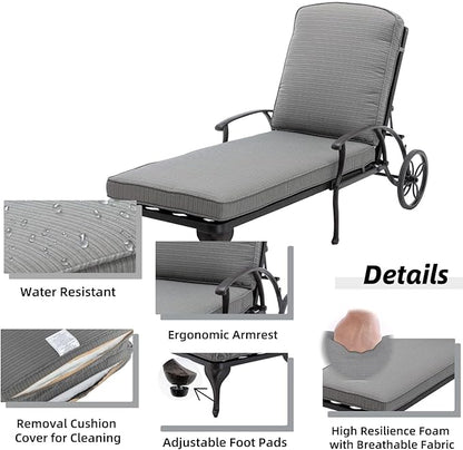 Chaise Lounge Outdoor Chair with Wheels, Adjustable Reclining Rust-Resistant Aluminum Cast Poolside Chaise Lounge Furniture with Waterproof Grey Cushion (1pc)