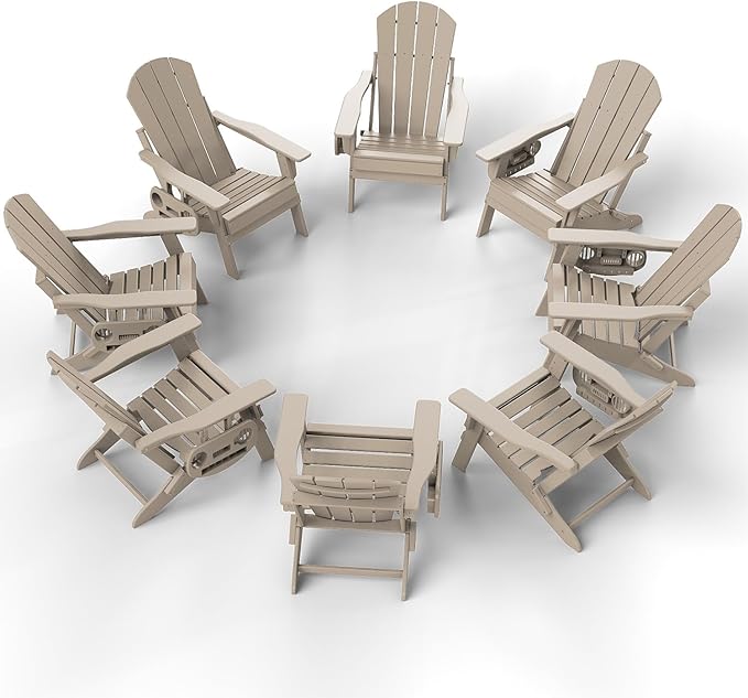 Adjustable Adirondack Chair Set of 8 with Cup Holder, All Weather HDPE Fire Pit Chairs for Deck, Backyard, Patio, Brown