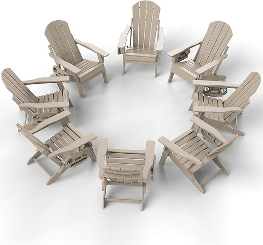 Adjustable Adirondack Chair Set of 8 with Cup Holder, All Weather HDPE Fire Pit Chairs for Deck, Backyard, Patio, Brown