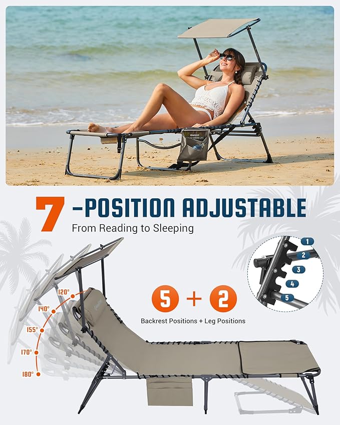 KingCamp Lounge Chair with face Hole & Canopy Shade, 400LBS Folding Portable Tanning Chair with face Hole, Adjustable 5-Position Foldable Beach Sun Tanning Chair for Outside Beach Patio Outdoor Pool