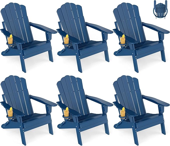GREENVINES Oversized-Folding-Adirondack-Chairs-Set-of-6 | HDPE Plastic | Cup Holder | Fire Pit Chair | All Weather | for Outdoor Deck Backyard | Blue