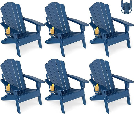 GREENVINES Oversized-Folding-Adirondack-Chairs-Set-of-6 | HDPE Plastic | Cup Holder | Fire Pit Chair | All Weather | for Outdoor Deck Backyard | Blue
