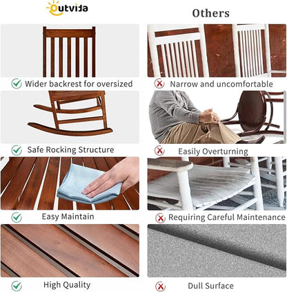 Outvita Outdoor Rocking Chair, Solid Wood High Back Rocker, All Weather Lounge Chair for Porch Patio Fire Pit Garden Backyard Deck Indoor, Natural