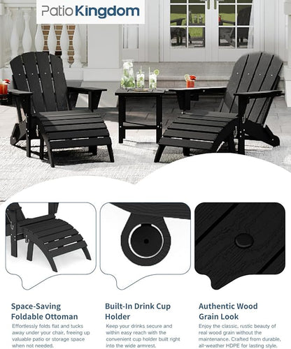 3-Piece Adirondack Chair with Footrest and Table Set,Folding Chair with Retractable Ottoman,HDPE All Weather Fire Pit Chair with Cup Holder(Black, 1 Chair &1 footrest & 1 Table)