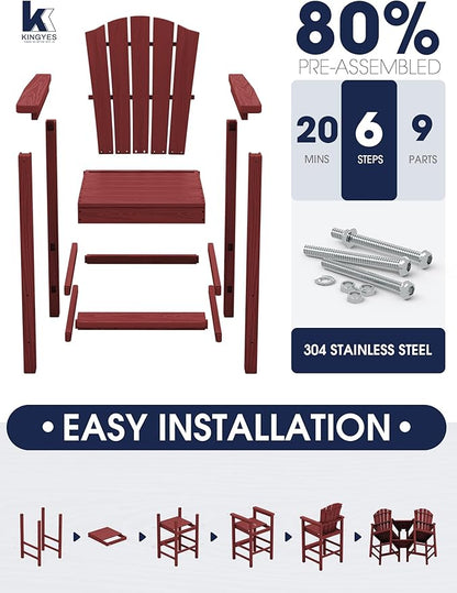KINGYES Tall Adirondack Chair Set of 4, HDPE Tall Adirondack Barstools with Double Connecting Trays, Embossed Bar Height Adirondack Chair for 2, All Weather Resistant Balcony Adirondack Chairs, Red