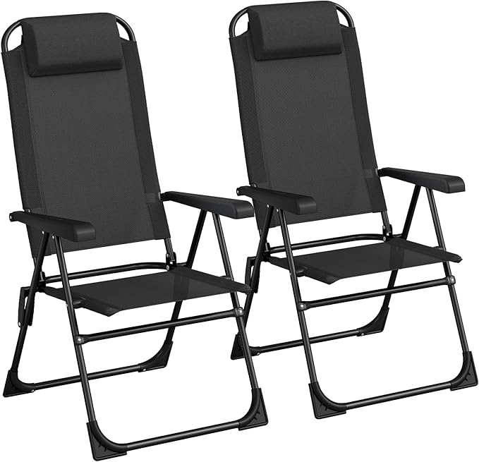 TLSUNNY Folding Patio Chairs Set of 2, Outdoor Lawn Chair w/ 5 Level Adjustable Teslin Back, Removable Headrest, Ergonomic Armrest, Foot Pad, All Weather for Camping, Garden, Pool, 300Lbs (Black)