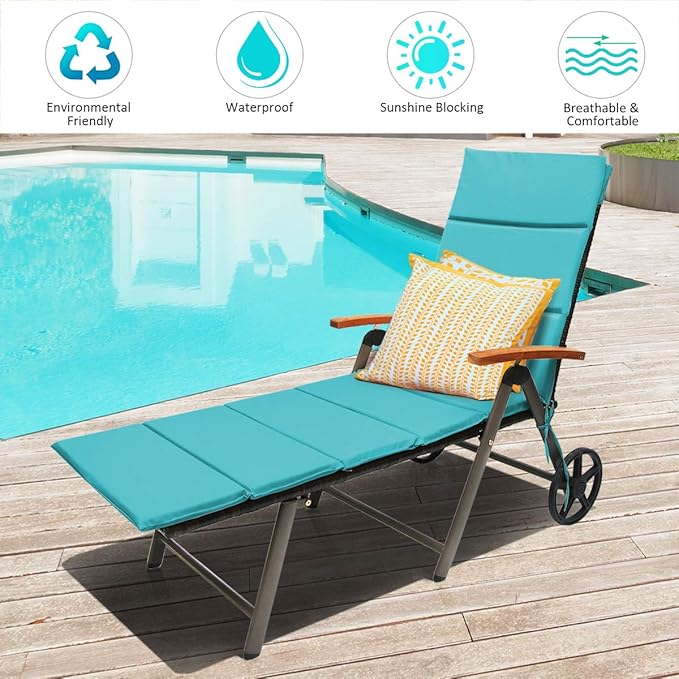 COSTWAY Folding Rattan Lounge with Wheels, Aluminum Patio Lounger with 7 Adjustable Positions, Soft Cushion - Photo 6