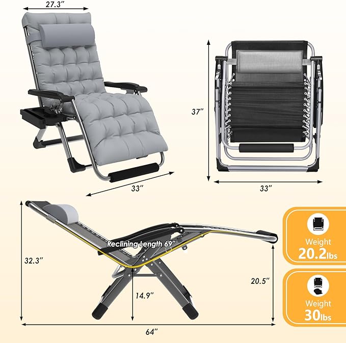 Slendor Oversized Zero Gravity Chairs XXL, 33In Padded Zero Gravity Lounge Chair, Lawn Recliner - Photo 2