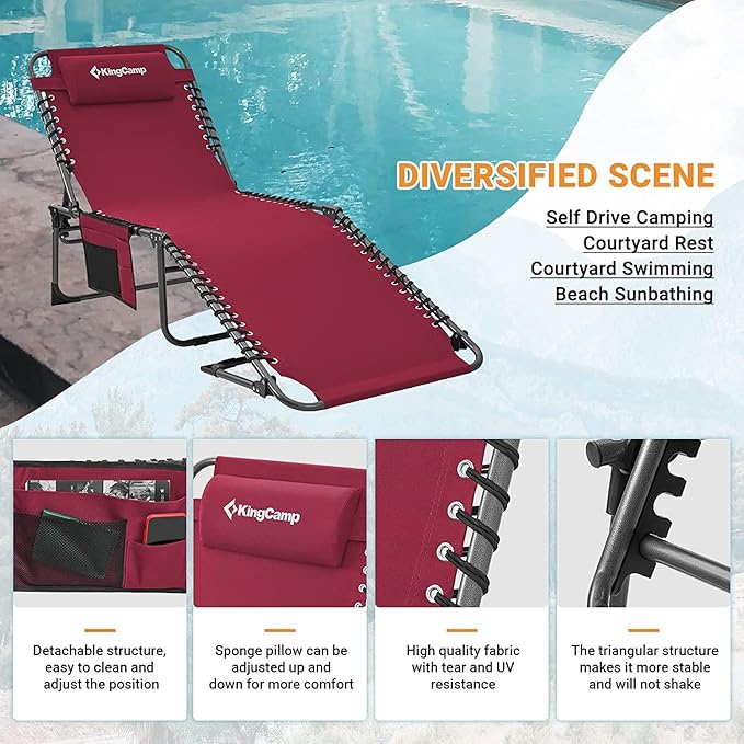 KingCamp Lounge Chair Outdoor, Folding Portable Tanning Chairs Comfy Adjustable 5-Position Lay Flat Foldable Chaise - Photo 5
