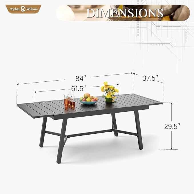 Sophia & William Patio Table Metal Outdoor Dining Table with E-Coating for 6-8 Person Lawn Garden Deck Rectangular Extendable Table