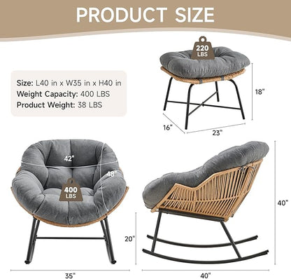 ONBRILL Papasan Rocking Chair with Ottoman,Oversized Papasan Chair with Padded Cushion, Indoor & Outdoor Rocker Chair for Living Room, Patio, Garden, Gray