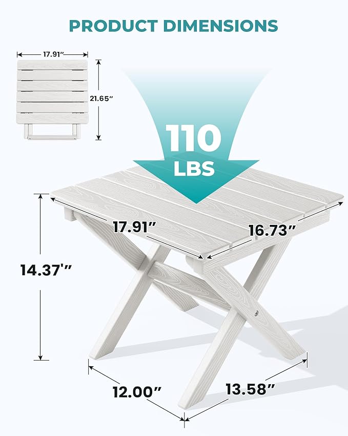 SERWALL Folding Outdoor Side Table Set of 2, Portable Adirondack Side Table, White - Photo 3