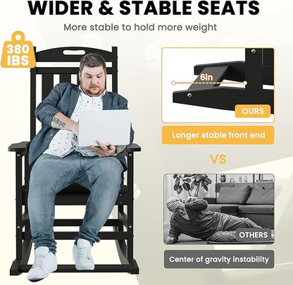 LOUNZY Outdoor Rocking Chair with Footboards Set of 5, HDPE Rocking Chair Patio Porch Rocker with 380lbs Support for Adult, Black