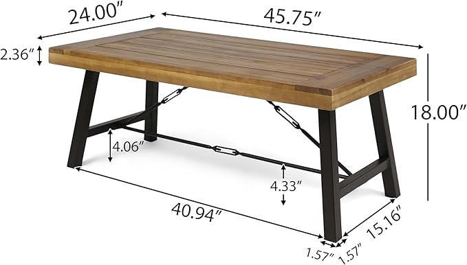 Outdoor Coffee Tables for Patio, Wood Patio Coffee Table Rectangle with Metal Frame, Industrial Patio Center Table for Garden Deck Balcony, Teak Finish Rustic Brown & Black