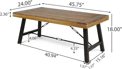 Outdoor Coffee Tables for Patio, Wood Patio Coffee Table Rectangle with Metal Frame, Industrial Patio Center Table for Garden Deck Balcony, Teak Finish Rustic Brown & Black