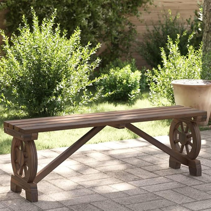 45.3in Solid Fir Wood Outdoor Garden Bench in Rustic Brown Burnt Finish, Wagon Wheel Armrests Patio Seating for Two, Weather-Resistant Lawn Furniture for Garden, Terrace, Backyard